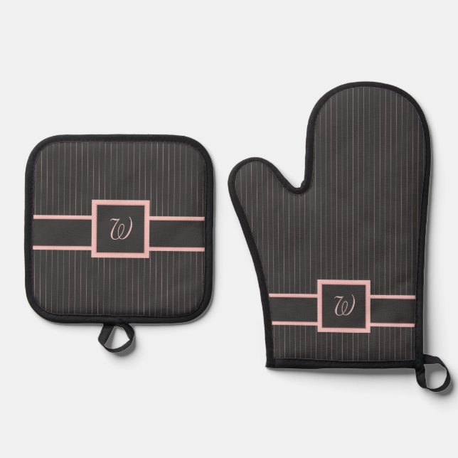 Schwarz mit rosa Pinstripes Ofenhandschuh & Topflappen-Set (Vorderseite)