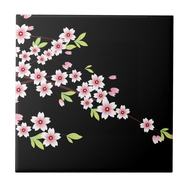Schwarz mit rosa und grünem Kirschblossom Sakura Fliese (Vorderseite)