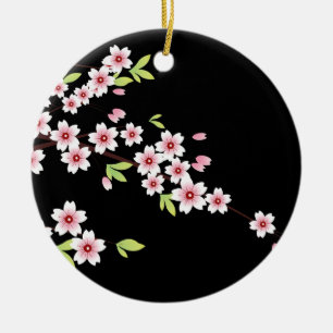 Schwarz mit rosa und grünem Kirschblossom Sakura Keramikornament