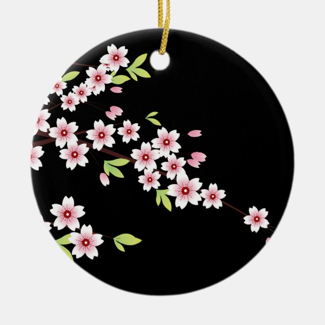 Schwarz mit rosa und grünem Kirschblossom Sakura Keramikornament (Vorne)