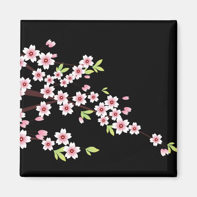 Schwarz mit rosa und grünem Kirschblossom Sakura Magnet (Vorne)