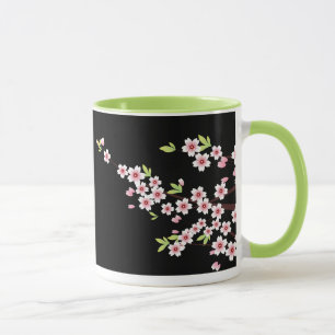 Schwarz mit rosa und grünem Kirschblossom Sakura Tasse