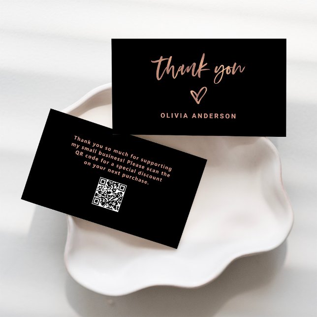 Schwarz mit Rose Gold Script und Herz | Danke Visitenkarte (Von Creator hochgeladen)