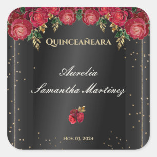 Schwarz mit Rote Rosen Quinceañera Calcamonias Quadratischer Aufkleber