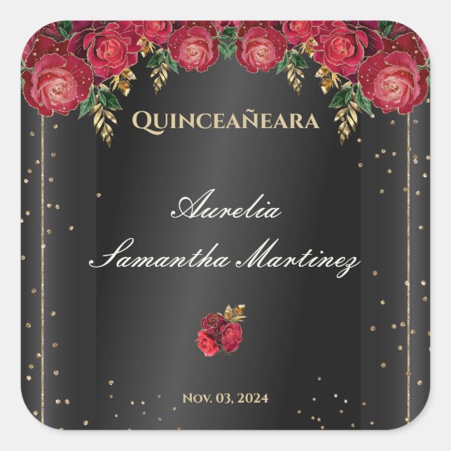 Schwarz mit Rote Rosen Quinceañera Calcamonias Quadratischer Aufkleber (Vorderseite)