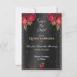 Schwarz mit Rote Rosen Quinceañera Save the Date<br><div class="desc">Eleganter schwarzer Hintergrund mit Rote Rosen und Gold Accents Quinceañera Speichern Sie die Datumskarten. Einfach personalisieren Sie die Informationen über diese Quitte speichern Sie die Daten, und Sie haben Ihre eigenen maßgeschneiderten speichern Sie die Datumskarten, um Ihr Quinceañera-Thema zu entsprechen! Bitte schauen Sie sich unsere Kollektion "Schwarz mit Rote Rosen"...</div>