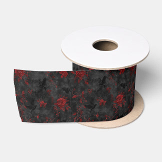Schwarz mit roten Rosen und schwarzen Raben – Goth Satinband