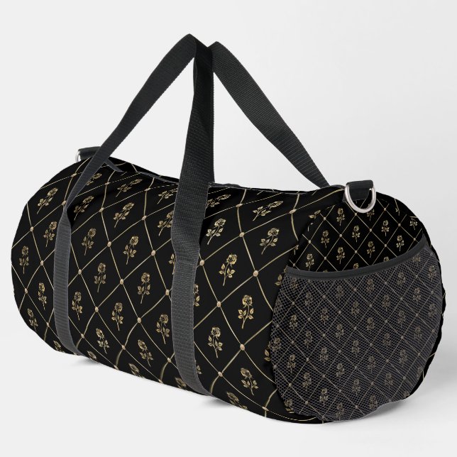 SCHWARZ MIT ROWS DER GOLD-ROSE-BLUME DUFFLE BAG (Rechte Ecke)