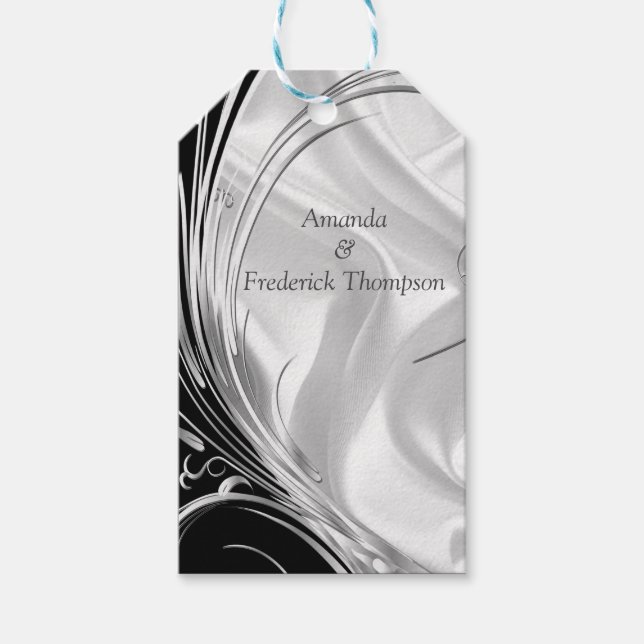 Schwarz mit Silber auf Elfenbeinseide Geschenkanhänger (Vorderseite)