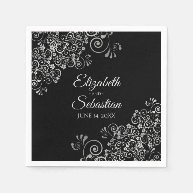 Schwarz mit Silver Frills Elegante Hochzeit Serviette (Vorderseite)