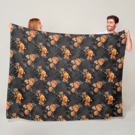SCHWARZ MIT SPOOKY ORANGE HALLOWEEN BLUMENBOUQUEN FLEECEDECKE