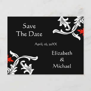 Schwarz mit Weiß, Red Damask Hochzeit Save the Dat Ankündigungspostkarte