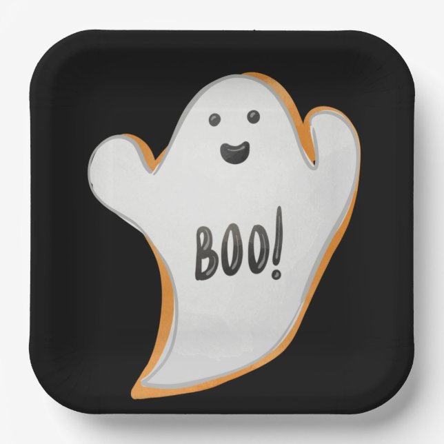 SCHWARZ MIT WEISS UND ORANGE HALLOWEEN GHOST PAPPTELLER (Vorderseite)