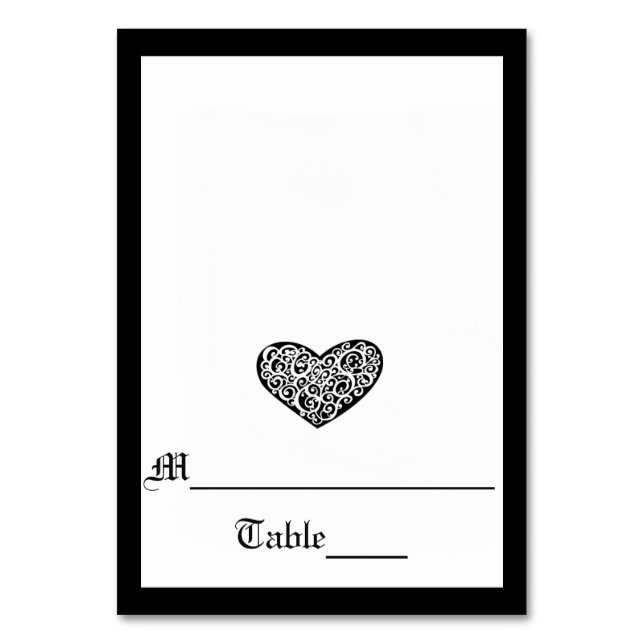 Schwarz mit weißem Wirblem Herzen - Escortkarte Tischnummer (Vorderseite)