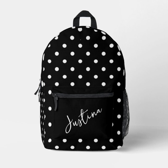 Schwarz mit weißen Polka Dots Personalisiert Bedruckter Rucksack (Vorderseite)