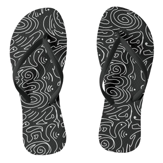 Schwarz mit weißer Abstrakter Wavy-Linie Flip Flops (Fußbett)