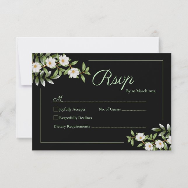 Schwarz mit weißer Camellia-Hochzeitskarte RSVP Karte (Vorderseite)