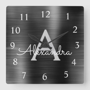 Schwarz-Modern-Elegant-Metallic-Monogramm-Name Quadratische Wanduhr