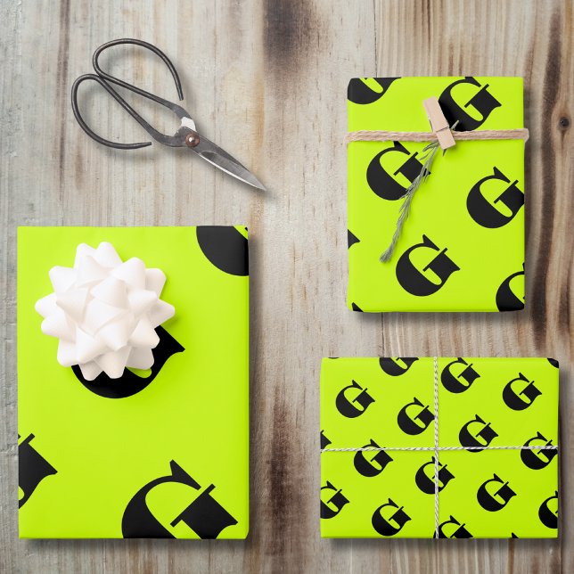 Schwarz-Modern-Monogramm | Neongelb Limon Geschenkpapier Set (Von Creator hochgeladen)