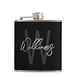 Schwarz-Modern-Script-Personalisiert-Monogramm und Flachmann