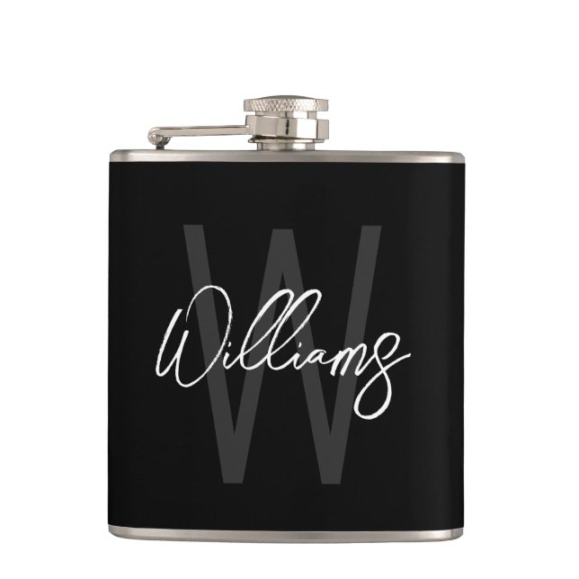 Schwarz-Modern-Script-Personalisiert-Monogramm und Flachmann (Vorderseite)
