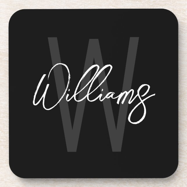 Schwarz-Modern-Script-Personalisiert-Monogramm und Getränkeuntersetzer (Vorderseite)
