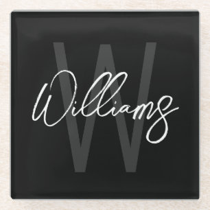 Schwarz-Modern-Script-Personalisiert-Monogramm und Glasuntersetzer