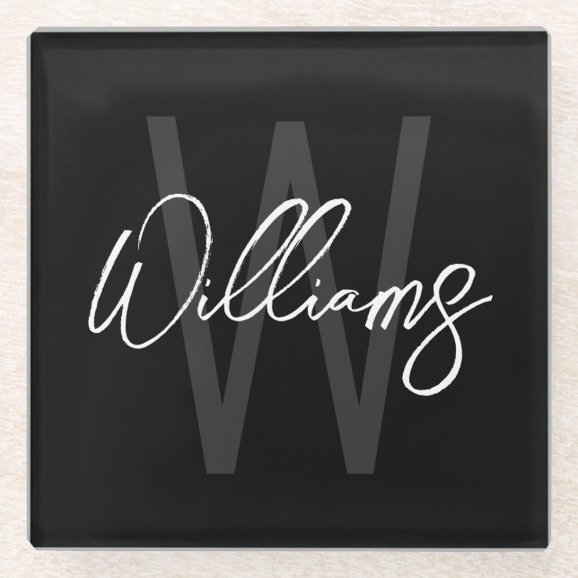 Schwarz-Modern-Script-Personalisiert-Monogramm und Glasuntersetzer (Vorderseite)