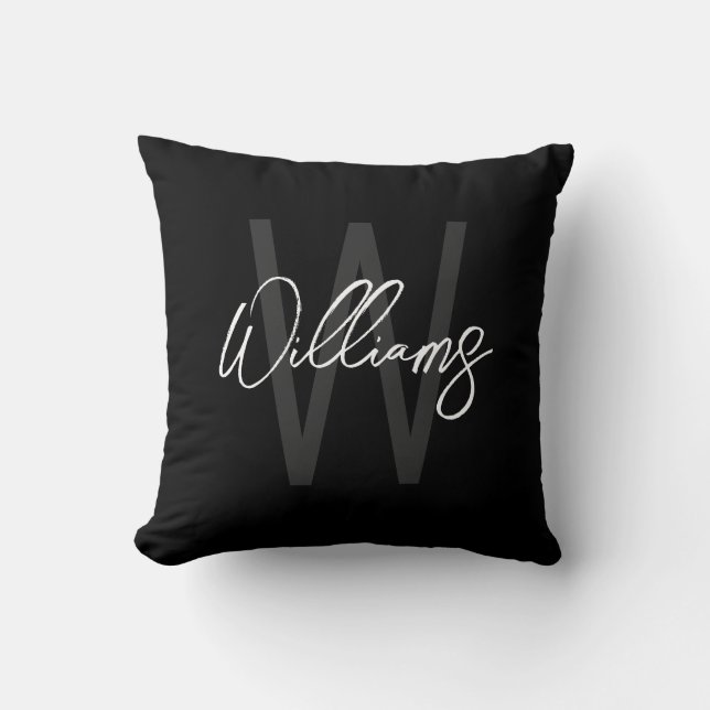 Schwarz-Modern-Script-Personalisiert-Monogramm und Kissen (Vorderseite)