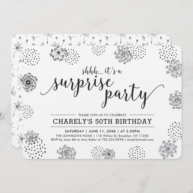 Schwarz | Moderne Blumenüberraschung 50. Geburtsta Einladung (Vorne/Hinten)