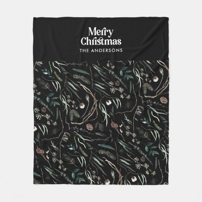 Schwarz moderne elegante Wasserfarbe botanische ru Fleecedecke (Vorderseite)