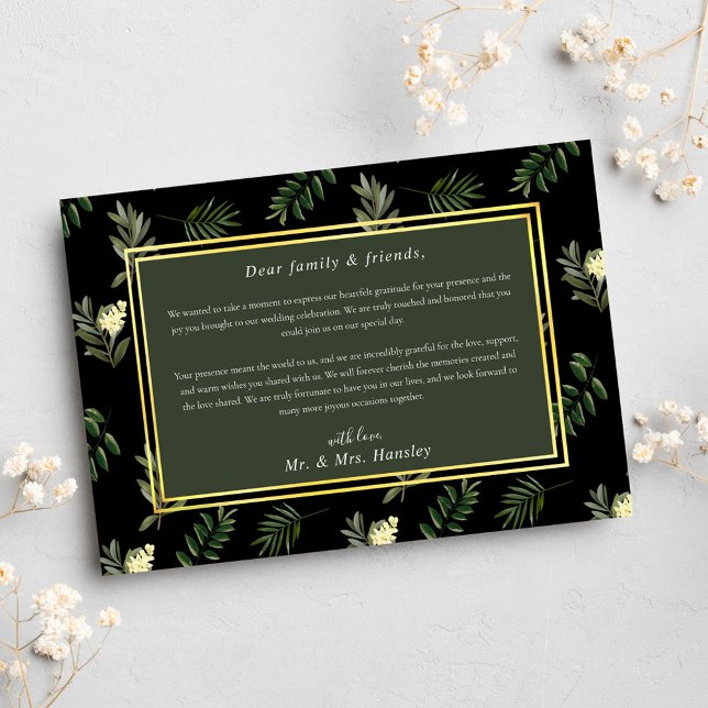 Schwarz Moderne Rustikale Botanische Hochzeit Dankeskarte (Black Modern Rustic Botanical Elegant Wedding Thank You Card)