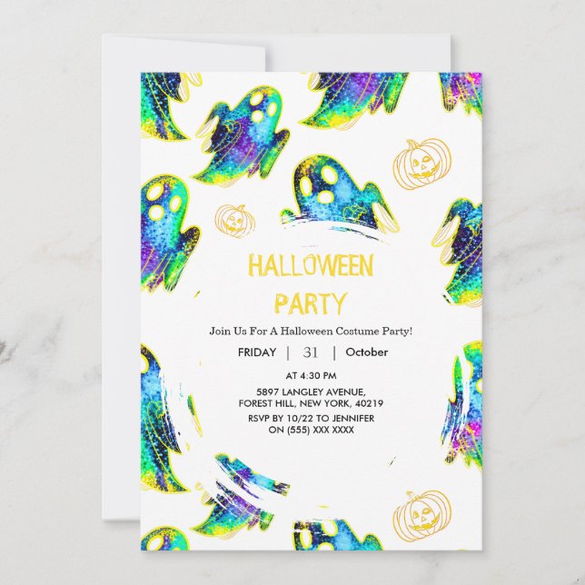 Schwarz | Moderner Glitzer Pumpkin Ghost Halloween Einladung (Vorderseite)