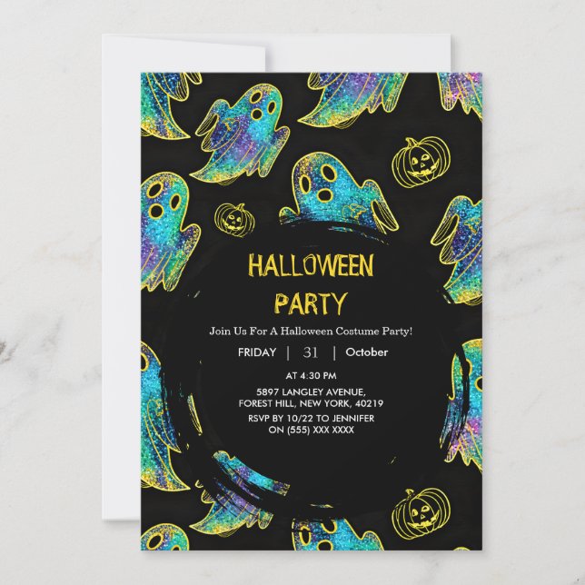 Schwarz | Moderner Glitzer Pumpkin Ghost Halloween Einladung (Vorderseite)