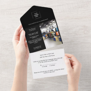 Schwarz-modernes Berufliches Business Event Design All In One Einladung