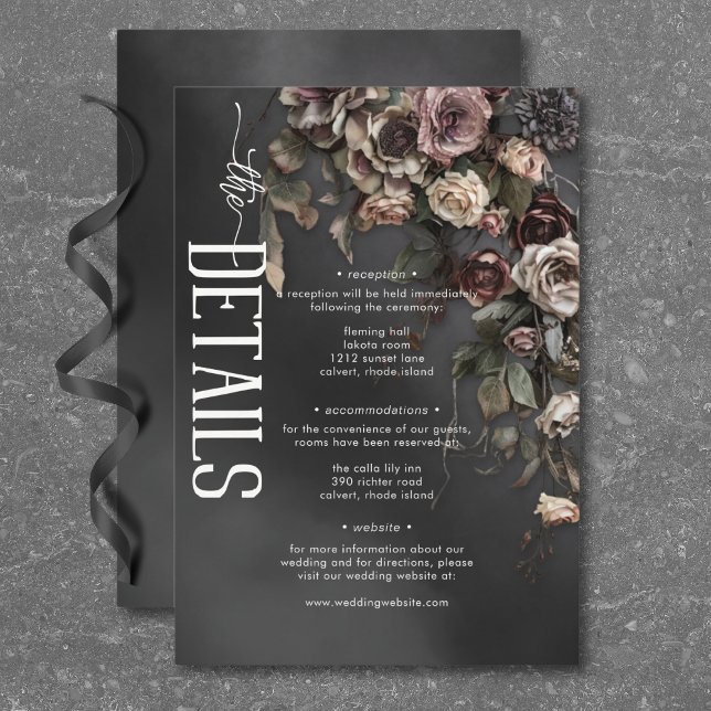 Schwarz-Moody-Gothic-Blume und Details zum Hochzei Begleitkarte (Black Moody Gothic Flowers & Mist Wedding Details Enclosure Card)