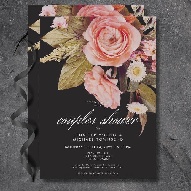 Schwarz Moody Pink Blush Bloms Paare Dusche Einladung (Black Moody Pink Blush Blooms Couples Shower Invitation)