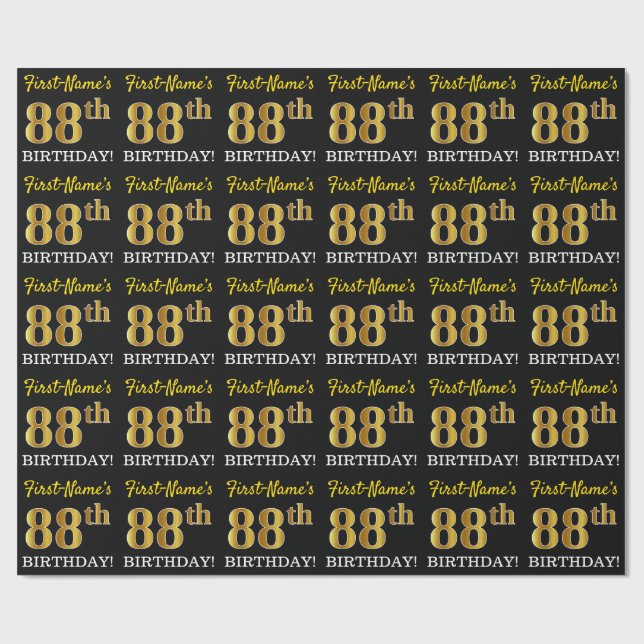 Schwarz, Nachahmung Gold "88. BIRTHDAY" Geschenkpapier (Flach)
