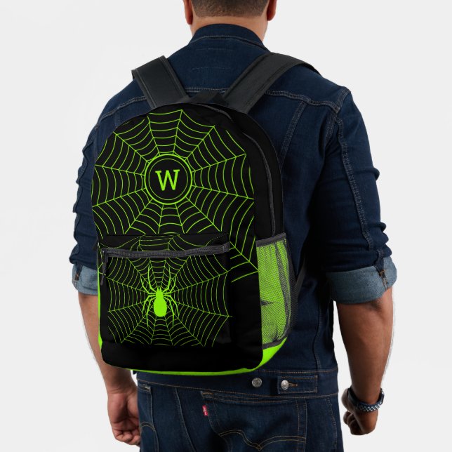 Schwarz-Neon-Grün-Spinnennetz Halloween Monogram Bedruckter Rucksack (Insitu (Modell))