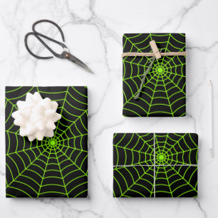 Schwarz-Neon-Grün-Spinnennetz Halloween-Muster Geschenkpapier Set