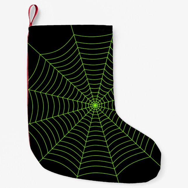 Schwarz-Neon-Grün-Spinnennetz Halloween-Muster Kleiner Weihnachtsstrumpf (Vorderseite)