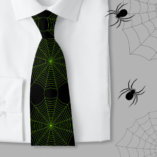 Schwarz-Neon-Grün-Spinnennetz Halloween-Muster Krawatte