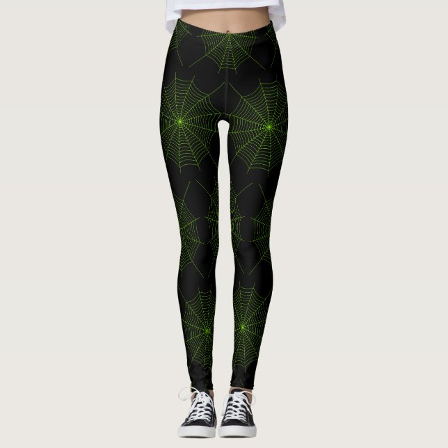 Schwarz-Neon-Grün-Spinnennetz Halloween-Muster Leggings (Vorderseite)