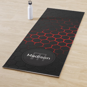 Schwarz-Neonrot-Wabengeometrie Monogram Yogamatte