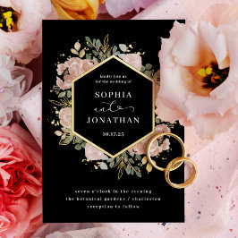 Schwarz-Neutral-Wasserfarben-Blumenhochzeit | Gold Folieneinladung