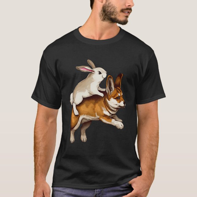 Schwarz Normalrabbit Reiten eines Shiba Whimsical  T-Shirt (Vorderseite)