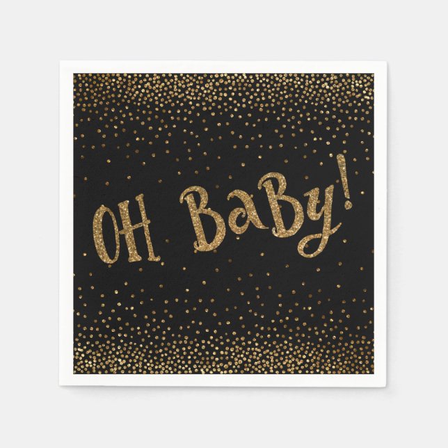 Schwarz "Oh Baby!" Gold Glitzer Confetti Babydusch Serviette (Vorderseite)