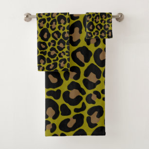 schwarz & olivgrün Tierprint Leopard Badhandtuch Set