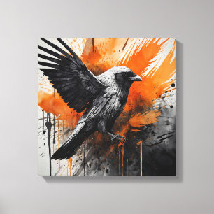 Schwarz-Orange Abstrakt Bird Watercolor Wand Kunst