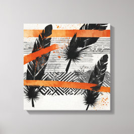 Schwarz Orange Abstrakte Feder Watercolor Wand an Leinwanddruck